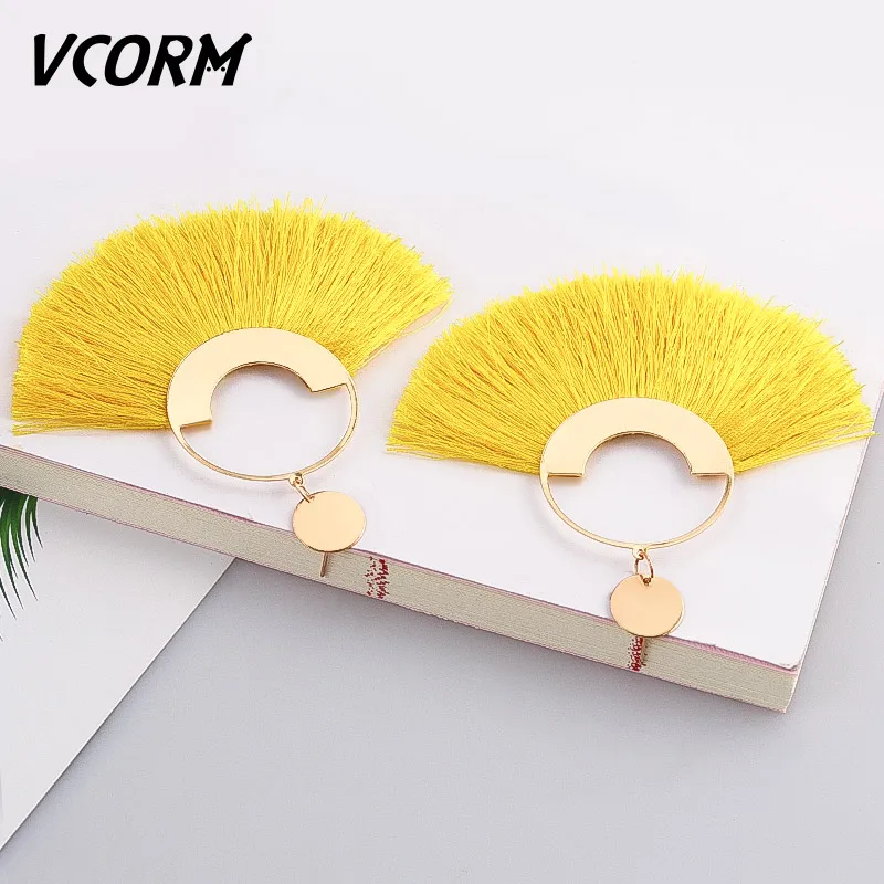 Yellow 3 VCORM, богемные серьги с кисточками, большие висячие серьги для женщин, модные ювелирные изделия, серьги, красный, черный, хлопок, шелк, ткань, бахрома, серьги, подарок - Окраска металла: Yellow 3