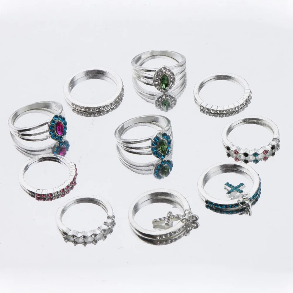 10 pcs set fashion creative vintage knuckle rings with cross pendant and rhinestone design female knokkels | Украшения и