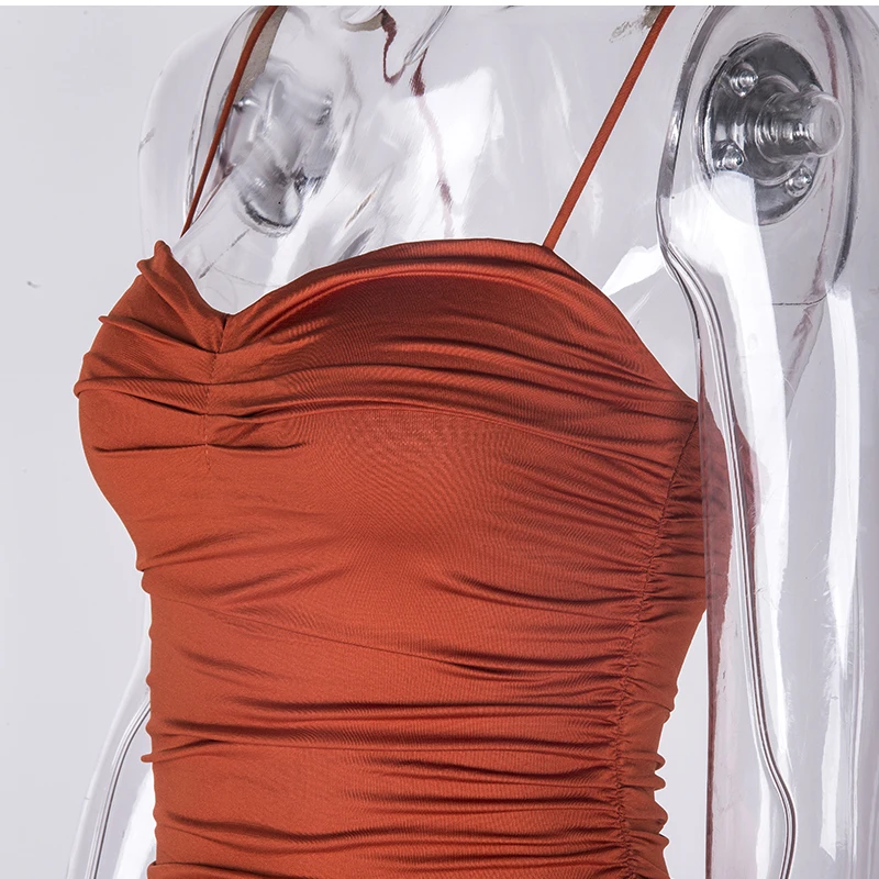 NewAsia 2 Layers Summer Dress Women Pleated Long Sexy Spaghetti Straps Ruched Party Brown Vestidos Robe Femme 2020|Женские платья| |