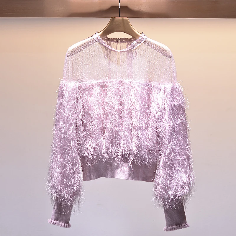 

2019 New Lace Blouse Stitching Feather Sweet Lovely Lolita Kawaii Harajuku Women Blouse Top Round Neck Solid Color Long-Sleeved