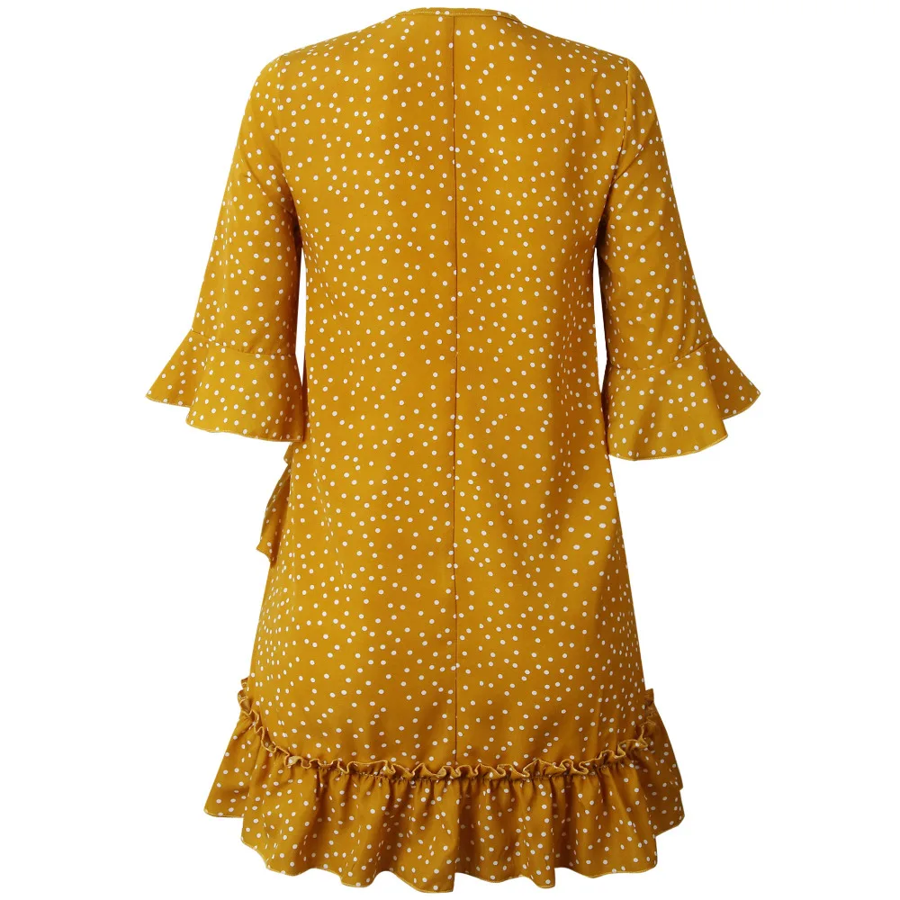 

LOSSKY Polka Dot Print Ruffle Mini Dress Casual Loose V Neck Half Sleeve Women Boho Summer Short Dresses Vintage Beach Dress