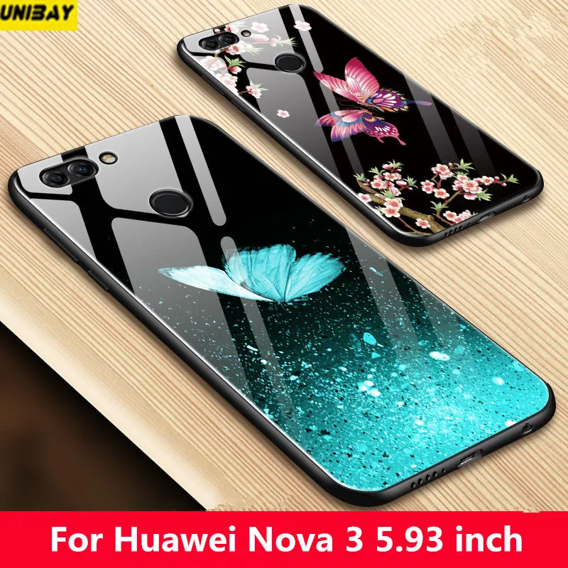 unibay Huawei nova3 Tempered glass back Cover 9h anti-explode huawei nova 3 case hard anti-Scratch Patterned Popular cover |