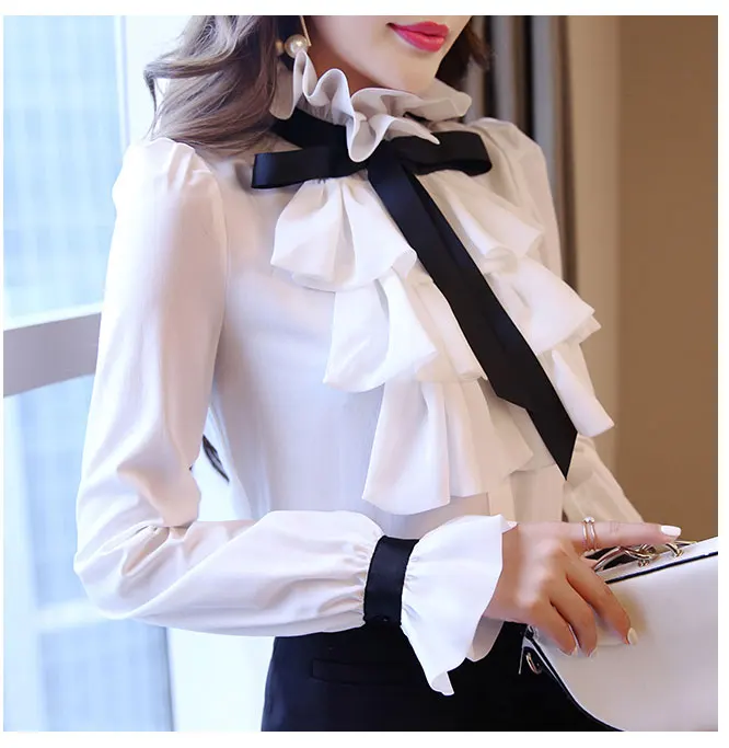 2019 новая весенняя женская белая шифоновая блузка на шнуровке с бантом полный