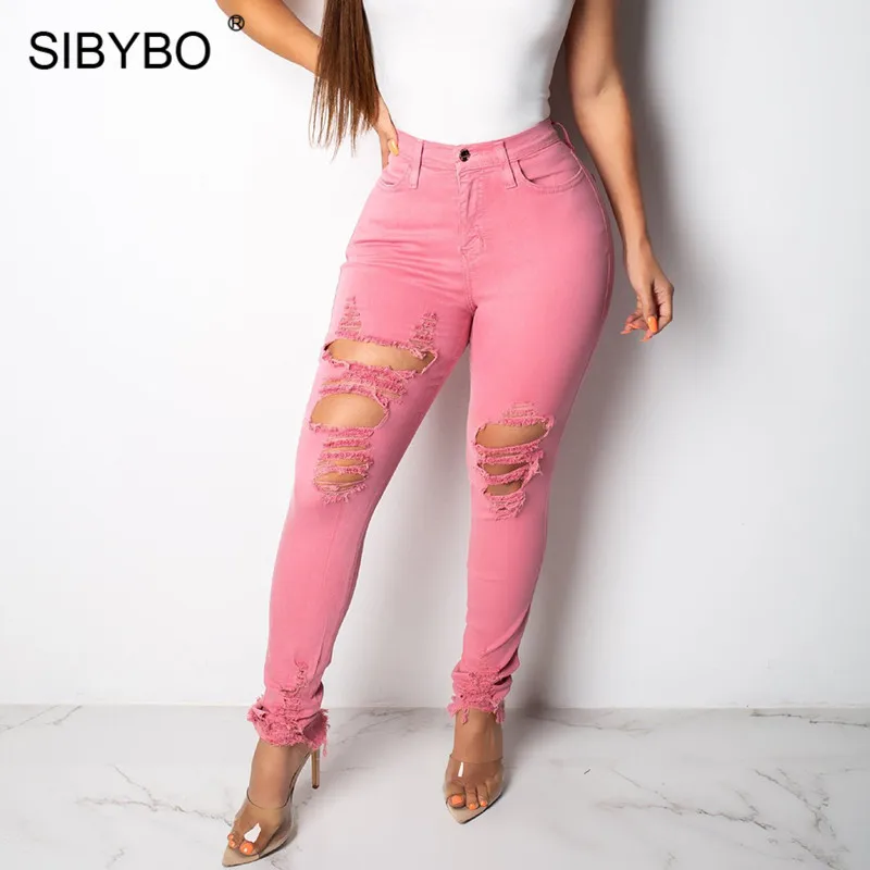 Sibybo, сексуальные джинсовые штаны с высокой талией и дырками, женские модные рваные летние брюки-карандаш в стиле ампир, одноцветные повседневные брюки для женщин