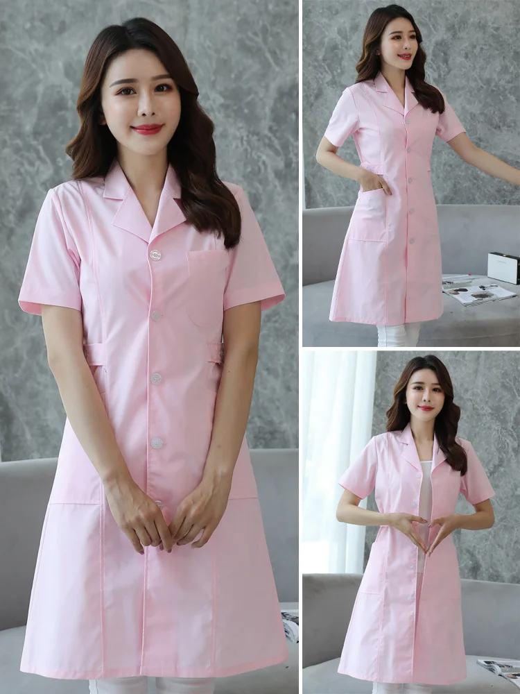 pink shortsleeve Женская лабораторная куртка модная медицинская Униформа длинная куртка с боковыми ремнями короткий рукав/рабочая одежда с длинным рукавом - Цвет: pink shortsleeve