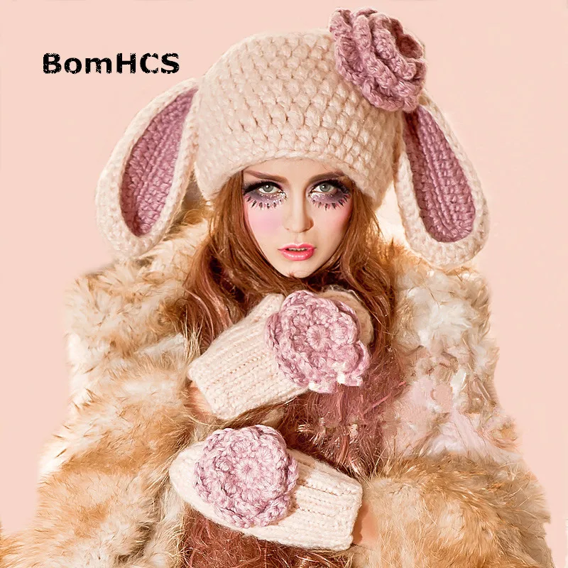 

Облегающие перчатки BomHCS, милая женская шапка с кроличьими ушками и большими цветами, зимние теплые вязаные шапки ручной работы