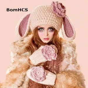BomHCS Beanie  Gloves Lovely Women Girl Rabbit Ears Hat with Big Flowers Winter Warm Knit Handmade Caps