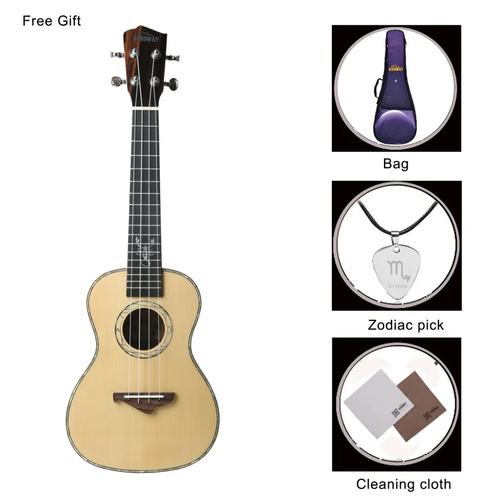 Acouway твердая ель Топ укулеле ukelele концертный тенор 23 26 укулеле глянцевая отделка 12 подарок зодиака подарок модель с бесплатной сумкой