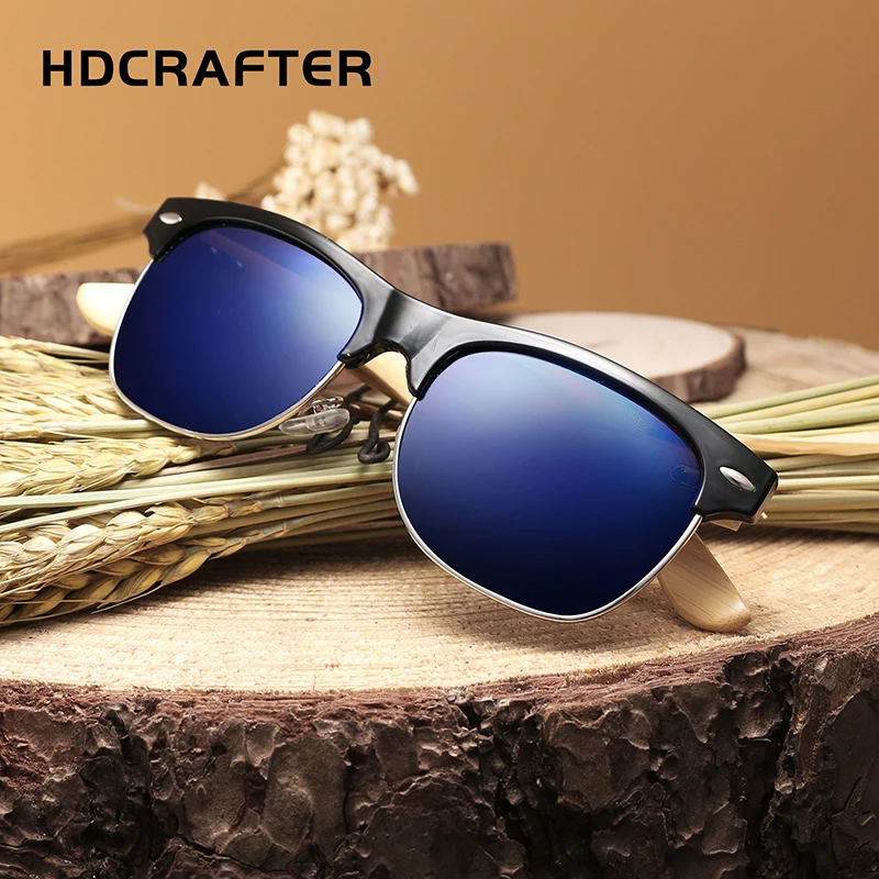 HDCRAFTER новые мужские бамбуковые солнцезащитные очки Ретро Винтажные в полуоправе солнцезащитные очки в деревянной оправе для мужчин женщин Gafas Oculos de sol