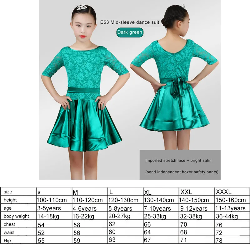 green medium sleeve Новое платье для латиноамериканских танцев для девочек, бальная юбка для девочек, платье для девочек, атласная яркая атласная ткань, танцевальная юбка, костюм, танцевальная одежда для соревнований - Цвет: green medium sleeve