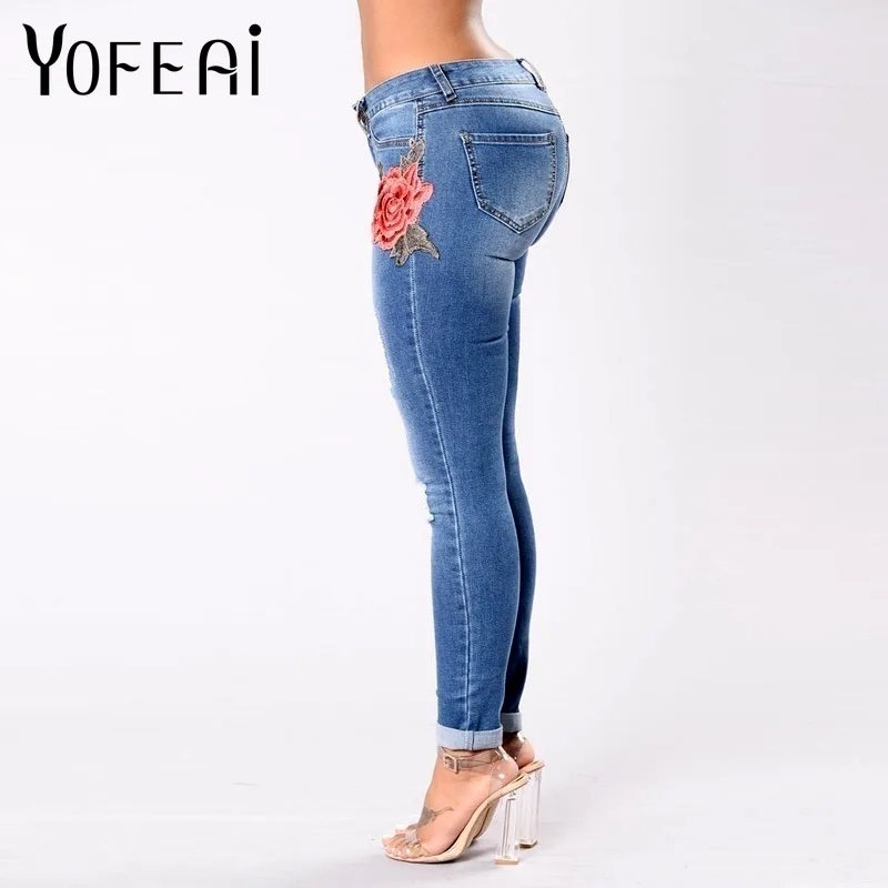YOFEAI новые джинсы женские модные джинсы с высокой талией женские вышитые цветы на джинсовой ткани узкие брюки женские узкие джинсы плюс размер