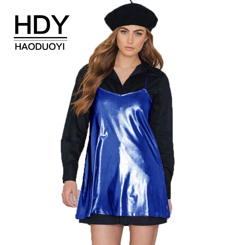 HDY Haoduoyi бренд 2018 Для женщин синий Повседневное пикантные Мини платья Спагетти
