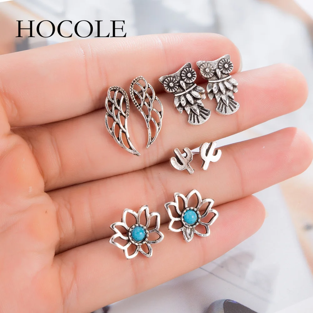 HOCOLE 4 пар/компл. Винтажный серебряный цвет цветок сова крыло кактус Комплект