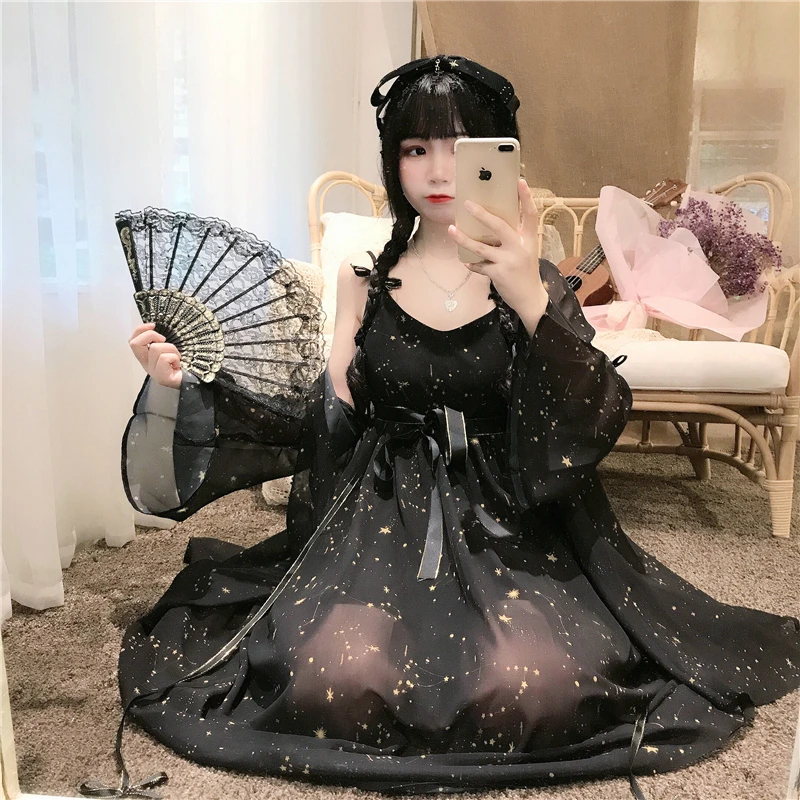 Платье Лолиты Kawaii платье для женщин японская милая Лолита позолоченное платье на бретелях+ солнцезащитное пальто куртка из двух частей милый