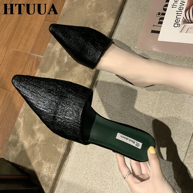 HTUUA/2019 вышитые шлепанцы с дышащей сеткой женские острым носком на маленьком
