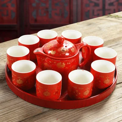 Керамический красный свадебный чайный сервиз Китайский двойной горшок с чашками