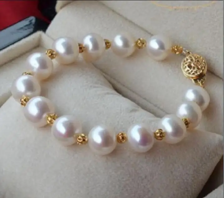 CHARMING 10-11MM ROUND SOUTH SEA WHITE PEARL BRACELET JEWERLY YELLOW GOLD CLASP