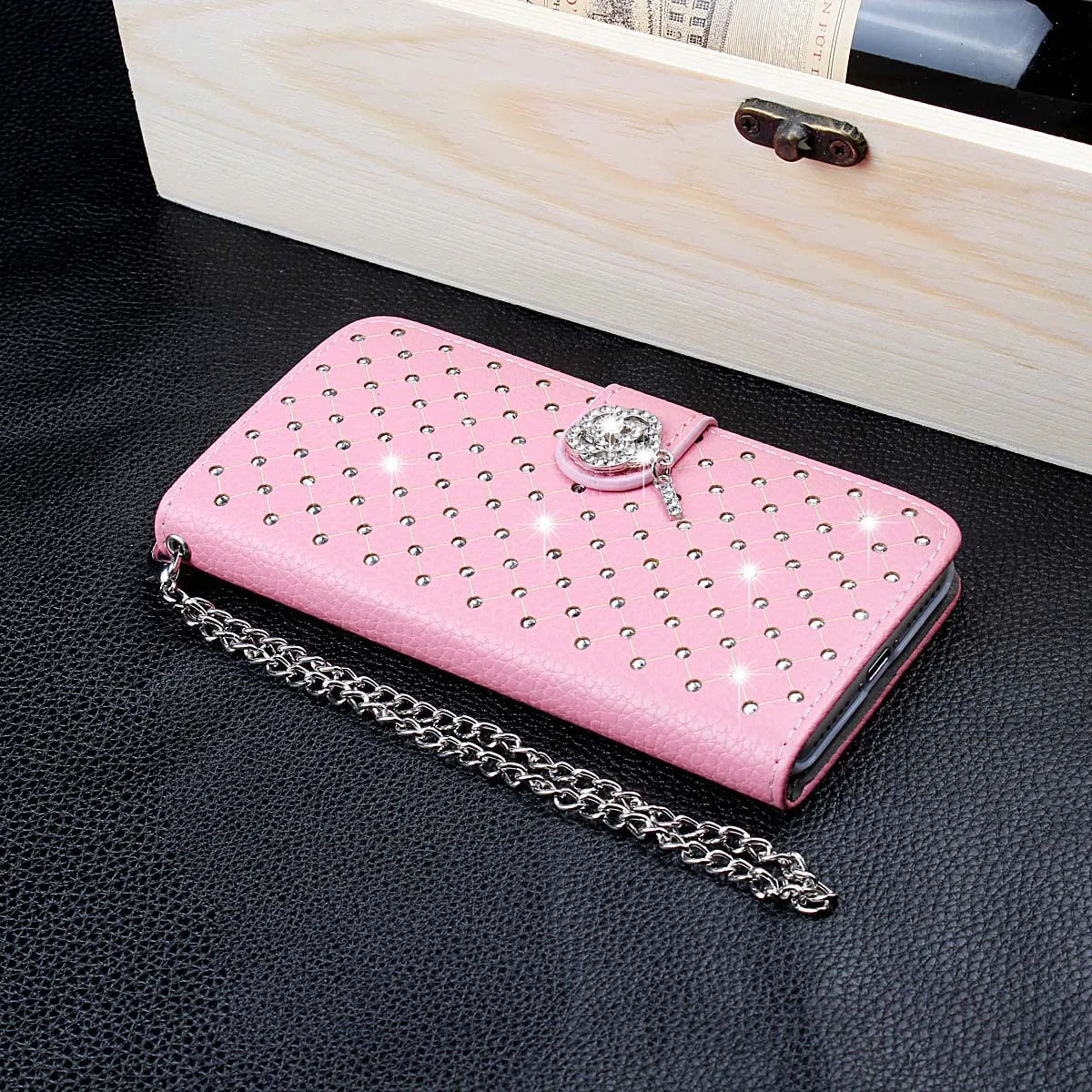 Роскошные шику Алмазный Блеск кожаный флип чехол для iphone6 6s 7 Plus 4 SE Стенд Card Case для женщин Девушка
