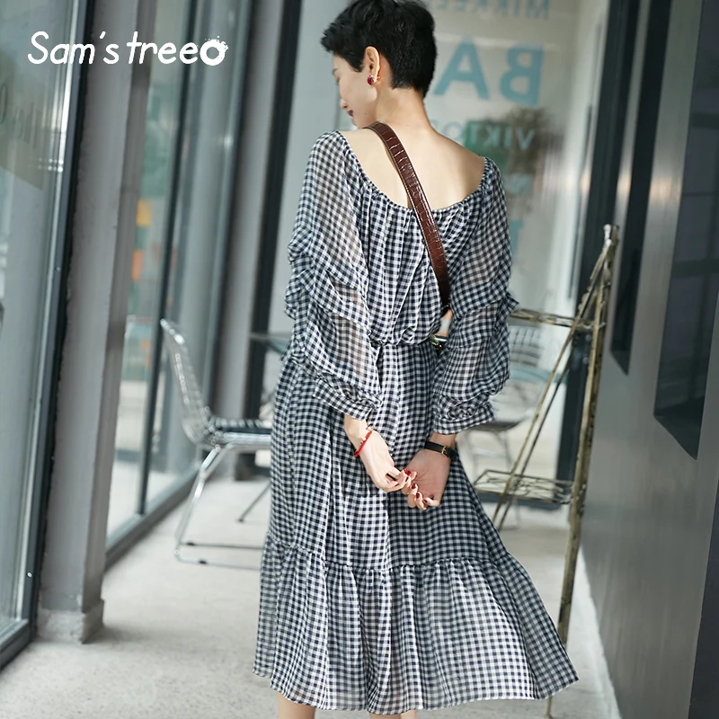 Samstree, сексуальное летнее женское платье, с открытыми плечами, винтажное, Vestidos Verano, клетчатое, на шнуровке, талия, с вырезом лодочкой, до середины икры, женское платье