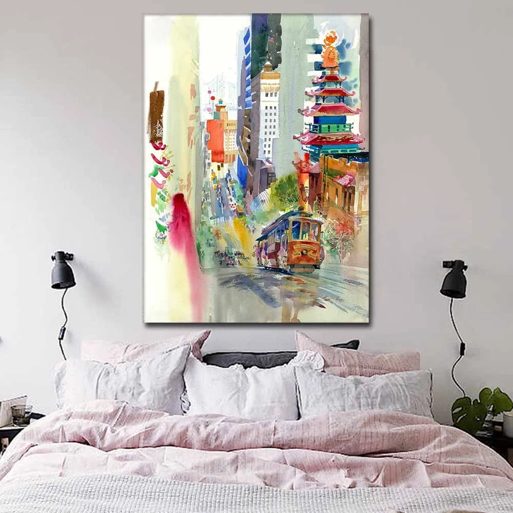 

Hand Painted Absract Art Tall Building Landscape Oil Canvas Painting Street Bus Wall Picture Living Room Hotel Home Wall Decor