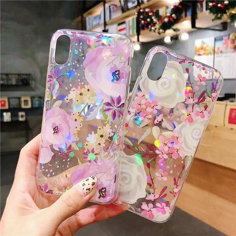 Блестящий Прозрачный чехол для телефона с цветочным рисунком iphone XS MAX XR на 6 s 7 8 Plus