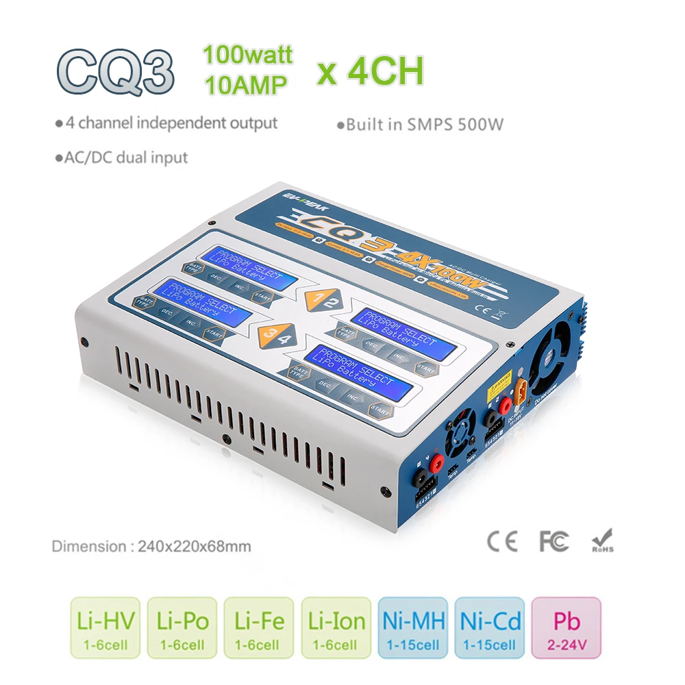 Зарядное устройство для литий полимерных батарей EV PEAK CQ3 100W/10Ax4 RC Balance Nimh Nicd