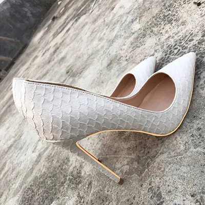 White 10cm Heels Veowalk/Женские Белый рельефная с узором «крокодиловая кожа» Для женщин сексуальный stileeto высокие каблуки женские туфли-лодочки с острым носком женские туфли на выход 8/10/12 сантиметров - Цвет: White 10cm Heels