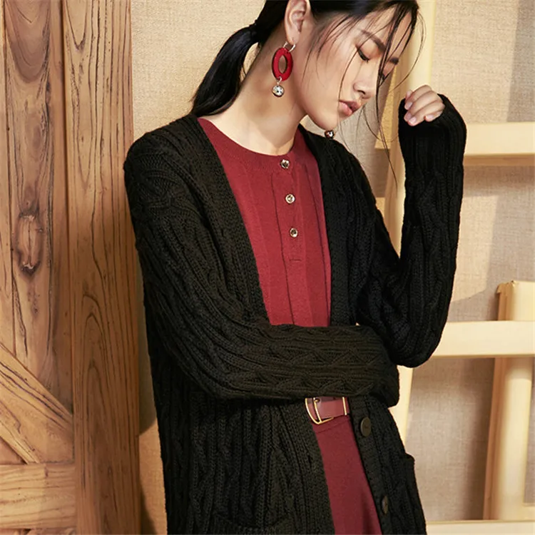 100%hand made pure wool Vneck knit women loose H-straight long cardigan sweater one&ampover size |
