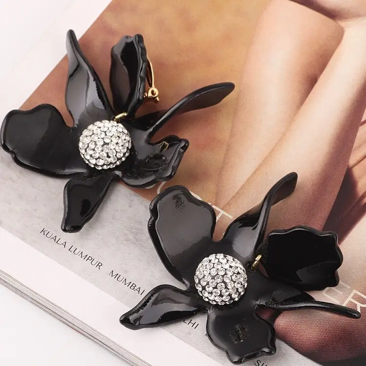 clip earring 1 Amybaby Роскошные модные женские красивые серьги-клипсы с кристаллами в виде цветка лилии, вечерние ювелирные изделия с эмалированной глазурью - Окраска металла: clip earring 1