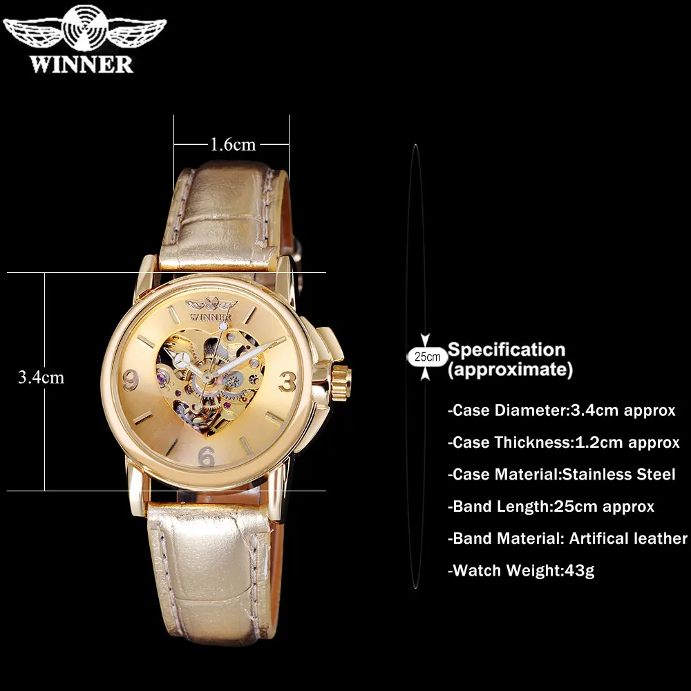2016 WINNER popular brand women watches luxury automatic self wind watch skeleton dials transparent glass gold case leather band | Наручные