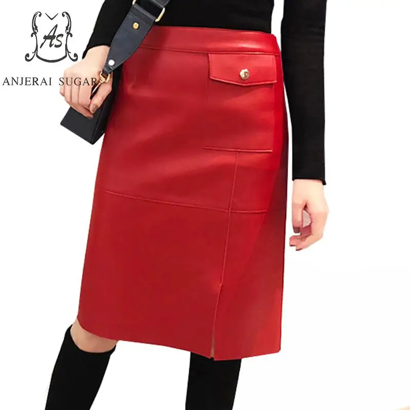

Юбка женская демисезонная из натуральной овечьей кожи, пикантная облегающая офисная миди-юбка из спилка, черный и красный цвета