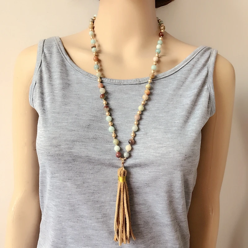 Модное коричневое ожерелье с подвеской из натурального камня и искусственной