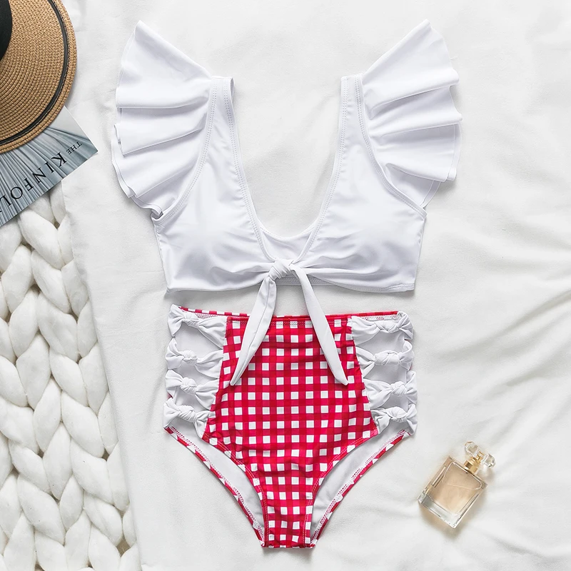 In-X бикини с высокой талией 2019 клетчатый купальник рюшами женский сексуальный