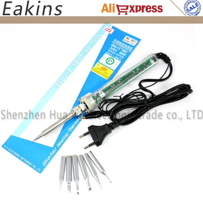 

Freeshipping 907 Adjustable Constant Temperature Lead-free Internal Heating Electric Soldering Iron+6/pcs Solder Tip 220V EU 60W