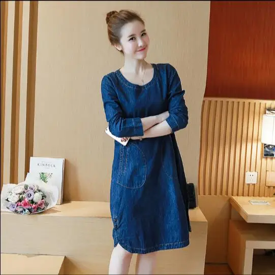 2018 Winter Knee Length Loose Jeans Dress Ladies Autumn Office Long Sleeve Denim Plus Size Women Clothing E51 | Женская одежда