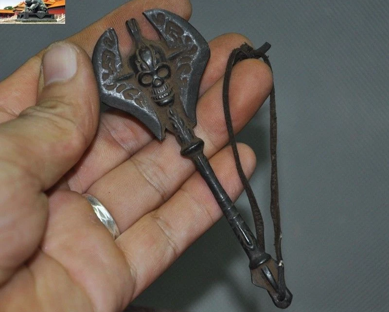 4 &quotСтарый тибетский буддизм бронзовый череп статуя Vajra Phurpa Ax Exorcism амулет