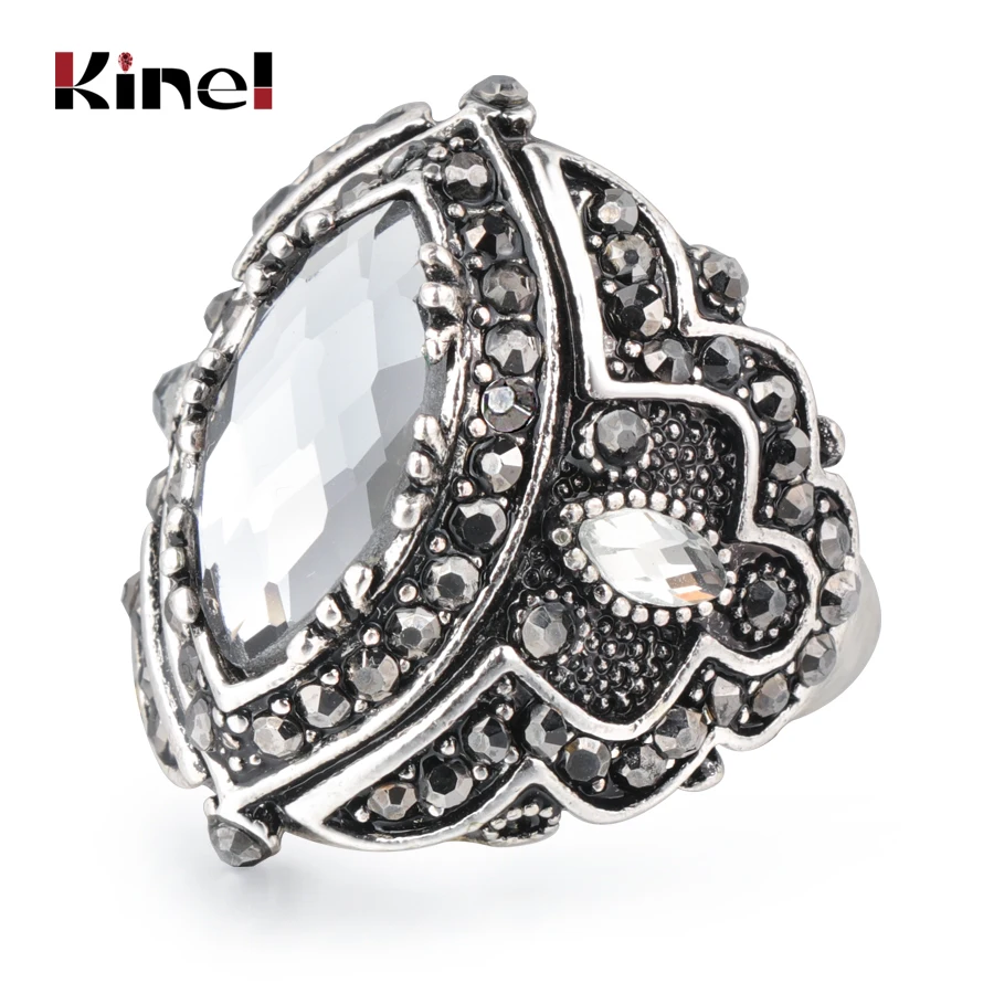 

Kinel Luxury Antique Ring For Women Vintage Look Gray Glass Jewelry Bohemian Silver Color Inlay AAA Gray Crystal Charm Punk Ring