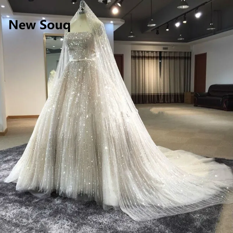 

Luxury Sequined Ball Gown Wedding Dresses with Veil 2019 Strapless Bridal Dress Arabic Dubai Wedding Gowns vestidos de noiva