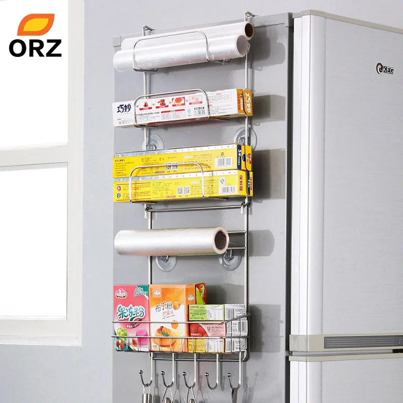 ORZ Fridge Organizer Stainless Steel Kitchen Storage Rack Fridge Side Shelf Storage Hooks Kitchen Accessories Organizer Holder