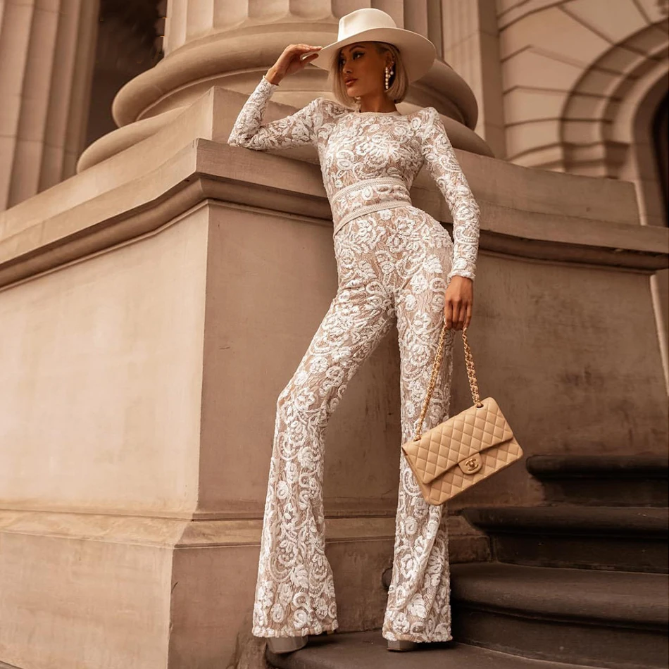 New lace full length jumpsuit fashion women's long sleeve wide leg Bodycon onesies celebrity runway party jumpsuit