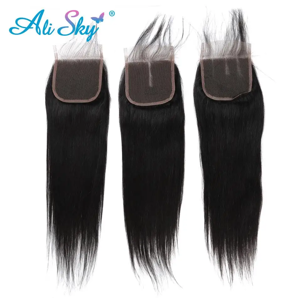Перуанские прямые пучки волос с закрытием ALISKY человеческие волосы 2 пучка 4x4 Топ
