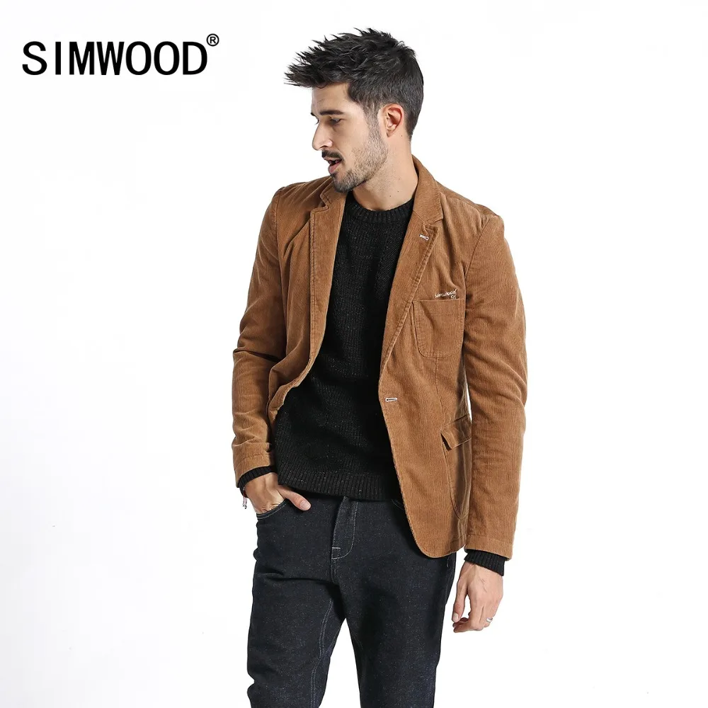 SIMWOOD вельвет Смарт повседневные мужские блейзеры модная вышивка заплатки карман