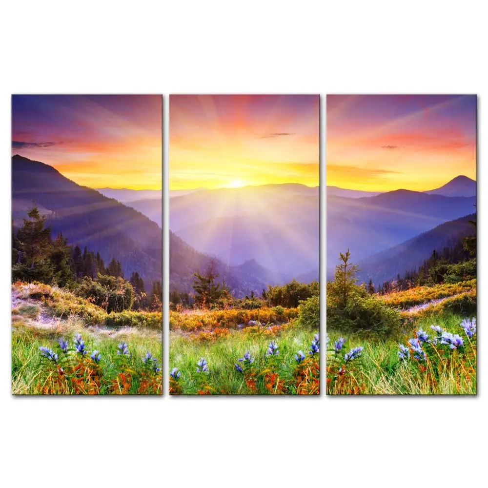 

3 Pieces Majestic Sunset in The Mountains Purple Flowers in Autumn Landscape Mountain Wall Art For Bedroom Office Drop shipping