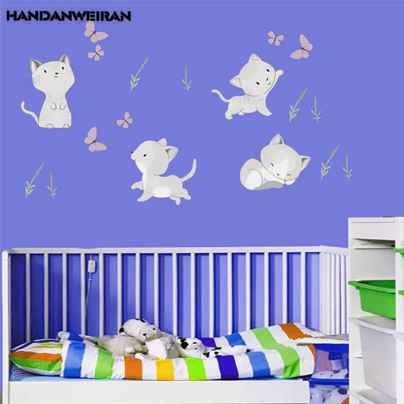 1 шт. милый серый белый котенок розовая бабочка наклейки на стену DIY для детей