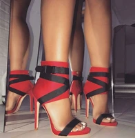 red thin high heel sandals mixed color with black straps buckle designer women summer sandals show shoes