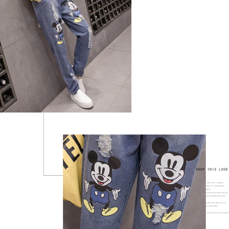С Микки Маусом Мышь джинсы женщина проблемных Рваные Джинсы бойфренда для Для