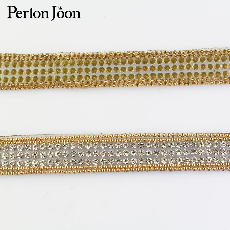 1 yard gold chain white rhinestone tape hot fix glass ribbon crystal rhinestone decoration iron on shoes clothing accessories