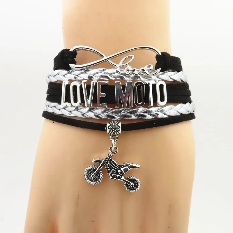 Кожаный браслет Infinity Love для мужчин и женщин Шарм мотокросса черного цвета|bracelets
