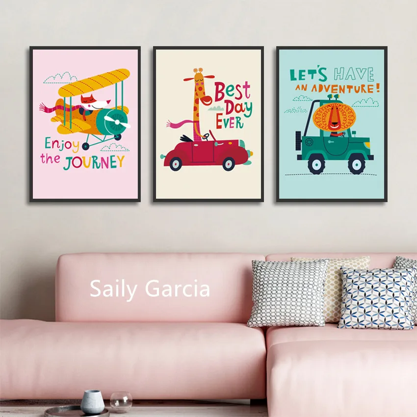 

Cute Cartoon Animals Fox Giraffe Lion Driving To Enjoy Life Canvas Painting Picture Wall art Posters and Prints Pictures For Liv