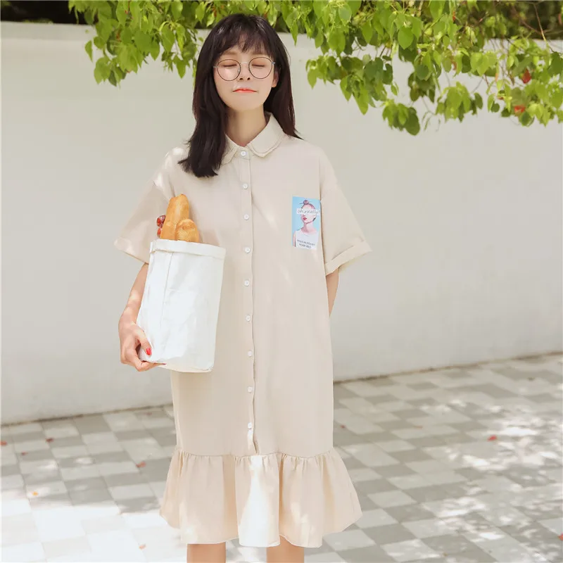 Женские Kawaii новые летние студенческие однобортные гофрированные платья рубашка